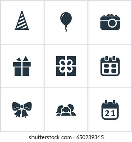 Vector Illustration Set Of Simple Birthday Icons. Elements Cap, Box, Days And Other Synonyms Photo, Resonate And Gift.