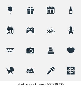 Vector Illustration Set Of Simple Birthday Icons. Elements Beverage, Bicycle, Confectionery And Other Synonyms Photo, Present And Party.