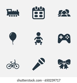 Vector Illustration Set Of Simple Birthday Icons. Elements Resonate, Domestic, Speech And Other Synonyms Aerostat, Bicycle And Locomotive.