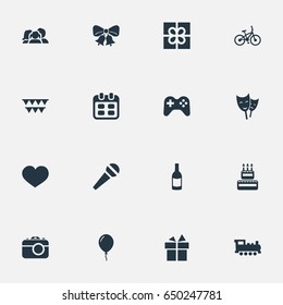 Vector Illustration Set Of Simple Birthday Icons. Elements Train, Resonate, Domestic And Other Synonyms Theater, Joystick And Camera.