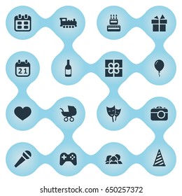 Vector Illustration Set Of Simple Birthday Icons. Elements Mask, Soul, Box And Other Synonyms Baby, Champagne And Cap.