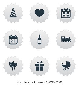 Vector Illustration Set Of Simple Birthday Icons. Elements Baby Carriage, Train, Days And Other Synonyms Stroller, Hat And Fizz.