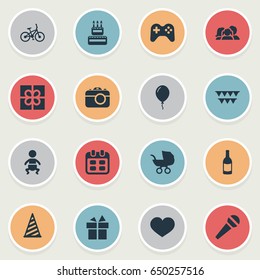 Vector Illustration Set Of Simple Birthday Icons. Elements Baby Carriage, Infant, Ribbon And Other Synonyms Joystick, Flags And Days.