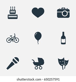 Vector Illustration Set Of Simple Birthday Icons. Elements Aerostat, Beverage, Mask And Other Synonyms Bicycle, Theater And Beverage.