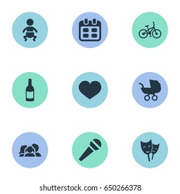 Vector Illustration Set Of Simple Birthday Icons. Elements Mask, Days, Baby Carriage And Other Synonyms Days, Carriage And Soul.