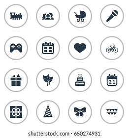 Vector Illustration Set Of Simple Birthday Icons. Elements Decorations;, Days, Ribbon And Other Synonyms Resonate, Calendar And Voice.