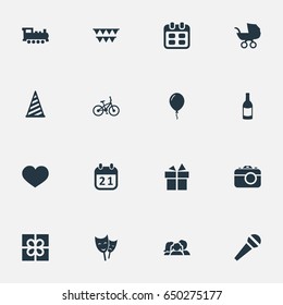 Vector Illustration Set Of Simple Birthday Icons. Elements Box, Ribbon, Domestic And Other Synonyms Stroller, Aerostat And Voice.