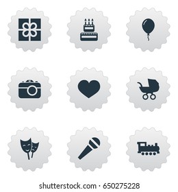 Vector Illustration Set Of Simple Birthday Icons. Elements Train, Baby Carriage, Confectionery And Other Synonyms Speech, Box And Baby.