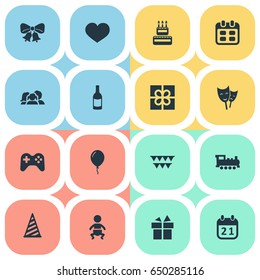 Vector Illustration Set Of Simple Birthday Icons. Elements Resonate, Mask, Beverage And Other Synonyms Steam, Baby And Decorations.