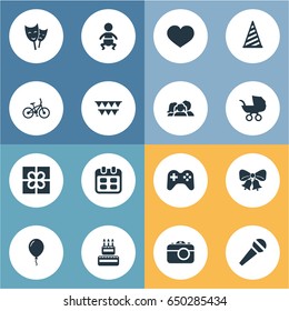 Vector Illustration Set Of Simple Birthday Icons. Elements Infant, Baby Carriage, Game And Other Synonyms Soul, Photo And Stroller.