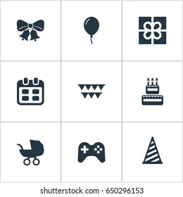 Vector Illustration Set Of Simple Birthday Icons. Elements Resonate, Confectionery, Decorations; And Other Synonyms Party, Days And Hat.