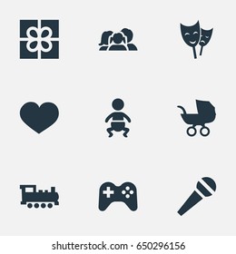 Vector Illustration Set Of Simple Birthday Icons. Elements Baby Carriage, Mask, Box And Other Synonyms Infant, Actor And Game.