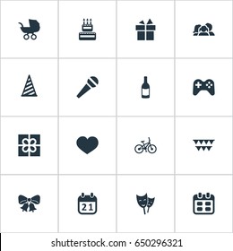 Vector Illustration Set Of Simple Birthday Icons. Elements Days, Game, Decorations; And Other Synonyms Calendar, Heart And Microphone.