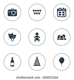 Vector Illustration Set Of Simple Birthday Icons. Elements Days, Domestic, Decorations; And Other Synonyms Domestic, Cap And Date.