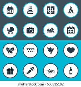 Vector Illustration Set Of Simple Birthday Icons. Elements Ribbon, Camera, Cap And Other Synonyms Soul, Flags And Prize.