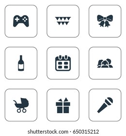 Vector Illustration Set Of Simple Birthday Icons. Elements Resonate, Baby Carriage, Beverage And Other Synonyms Bells, Prize And Fizz.