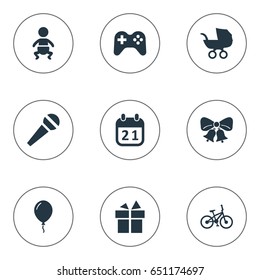 Vector Illustration Set Of Simple Birthday Icons. Elements Ribbon, Special Day, Infant And Other Synonyms Infant, Speech And Bike.