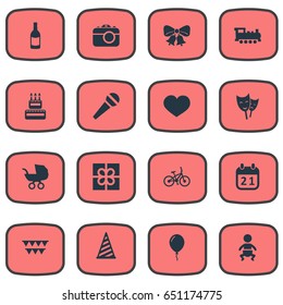 Vector Illustration Set Of Simple Birthday Icons. Elements Infant, Aerostat, Camera And Other Synonyms Kid, Theater And Heart.