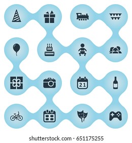 Vector Illustration Set Of Simple Birthday Icons. Elements Train, Decorations;, Confectionery And Other Synonyms Train, Locomotive And Domestic.
