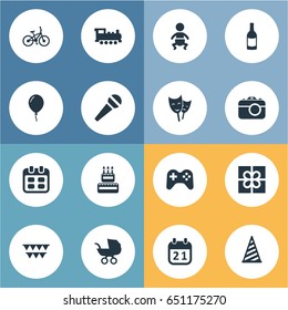 Vector Illustration Set Of Simple Birthday Icons. Elements Bicycle, Decorations;, Days And Other Synonyms Sport, Mask And Box.