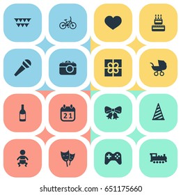Vector Illustration Set Of Simple Birthday Icons. Elements Decorations;, Speech, Beverage And Other Synonyms Camera, Infant And Feelings.