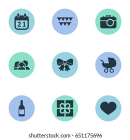 Vector Illustration Set Of Simple Birthday Icons. Elements Beverage, Decorations;, Resonate And Other Synonyms Heart, Feelings And Jingle.