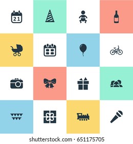 Vector Illustration Set Of Simple Birthday Icons. Elements Ribbon, Domestic, Train And Other Synonyms Calendar, Domestic And Hat.