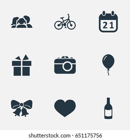 Vector Illustration Set Of Simple Birthday Icons. Elements Camera, Resonate, Soul And Other Synonyms Beverage, Ribbon And Champagne.