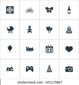 Vector Illustration Set Of Simple Birthday Icons. Elements Baby Carriage, Days, Confectionery And Other Synonyms Hat, Party And Resonate.