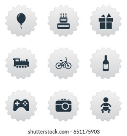 Vector Illustration Set Of Simple Birthday Icons. Elements Infant, Ribbon, Game And Other Synonyms Champagne, Ribbon And Photo.