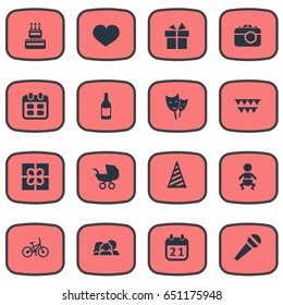 Vector Illustration Set Of Simple Birthday Icons. Elements Mask, Beverage, Baby Carriage And Other Synonyms Soul, Days And Calendar.