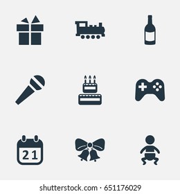 Vector Illustration Set Of Simple Birthday Icons. Elements Train, Ribbon, Special Day And Other Synonyms Bells, Confectionery And Joystick.