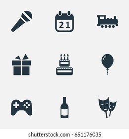 Vector Illustration Set Of Simple Birthday Icons. Elements Confectionery, Train, Mask And Other Synonyms Train, Steam And Voice.