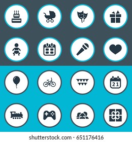 Vector Illustration Set Of Simple Birthday Icons. Elements Mask, Confectionery, Bicycle And Other Synonyms Bicycle, Soul And Ribbon.