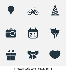 Vector Illustration Set Of Simple Birthday Icons. Elements Bicycle, Mask, Special Day And Other Synonyms Gift, Cap And Party.