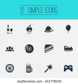 Vector Illustration Set Of Simple Birthday Icons. Elements Aerostat, Champagne, Pub And Other Synonyms Vinyl, Joystick And Hat.