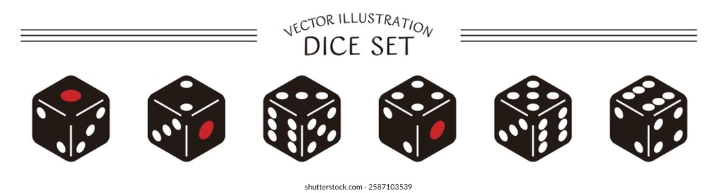 Vector illustration set of simple black dice with numbers 1 to 6