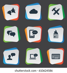 Vector Illustration Set Of Simple Blogging Icons. Elements Gazette, Loudspeaker, Repair And Other Synonyms Overcast, Keyboard And Coming.