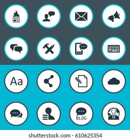 Vector Illustration Set Of Simple Blogging Icons. Elements Keypad, Loudspeaker, Document And Other Synonyms Gain, Cedilla And Earnings.