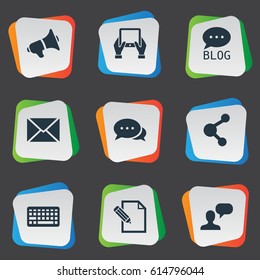 Vector Illustration Set Of Simple Blogging Icons. Elements Share, Argument, Man Considering And Other Synonyms Considering, Contract And Argument.