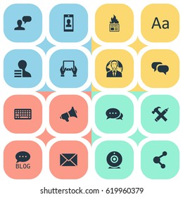 Vector Illustration Set Of Simple Blogging Icons. Elements Broadcast, Argument, Post And Other Synonyms Man, Broadcast And Pencil.