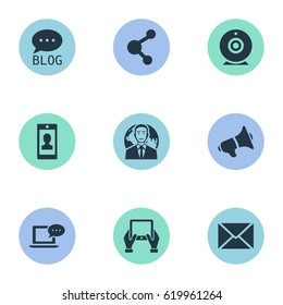 Vector Illustration Set Of Simple Blogging Icons. Elements Laptop, Share, Loudspeaker And Other Synonyms Epistle, Forum And Notepad.