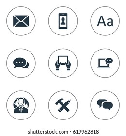 Vector Illustration Set Of Simple Blogging Icons. Elements Gossip, Profile, Repair And Other Synonyms Repair, Discussion And Hand.