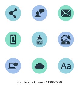 Vector Illustration Set Of Simple Blogging Icons. Elements Man Considering, Profile, International Businessman And Other Synonyms Share, Cedilla And International.