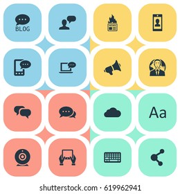 Vector Illustration Set Of Simple Blogging Icons. Elements Man Considering, Loudspeaker, Notepad And Other Synonyms Man, Message And Site.