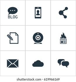 Vector Illustration Set Of Simple Blogging Icons. Elements Broadcast, Gossip, Overcast And Other Synonyms Smartphone, Contract And Hot.