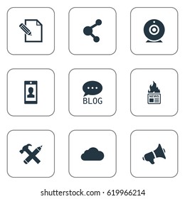 Vector Illustration Set Of Simple Blogging Icons. Elements Profile, Repair, Loudspeaker And Other Synonyms Speaker, Web And Site.