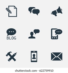 Vector Illustration Set Of Simple Blogging Icons. Elements Man Considering, Document, Post And Other Synonyms Profile, Pen And Hammer.