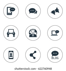 Vector Illustration Set Of Simple Blogging Icons. Elements Laptop, Loudspeaker, Site And Other Synonyms Speaker, Share And Loudspeaker.