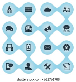 Vector Illustration Set Of Simple Blogging Icons. Elements Loudspeaker, Gazette, Argument And Other Synonyms International, Missive And Pen.